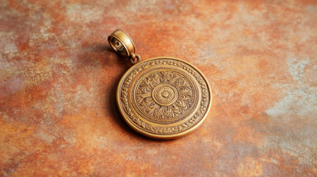 This image showcases an antique decorative pendant featuring an intricate floral design, set against a warm vintage background, perfect for art and jewelry enthusiasts.の素材