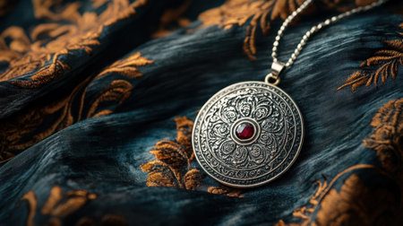 This captivating image features an intricately designed silver pendant with a stunning red gemstone, resting gracefully on rich, textured fabric.の素材