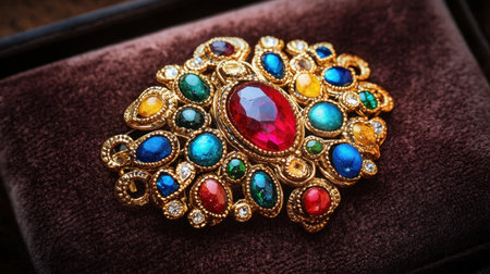 This stunning vintage brooch showcases an array of colorful gemstones set in elegant gold detailing, perfect for collectors and fashion enthusiasts.の素材