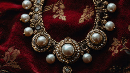 This stunning vintage necklace features elegant pearls and intricate detailing, set against a luxurious red fabric background, perfect for fashion lovers.の素材