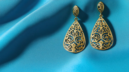 Stunning gold filigree earrings displayed on a soft blue fabric, showcasing intricate designs and a luxurious shine, perfect for any fashionable occasion.の素材