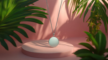 This image features a sleek silver pendant necklace elegantly displayed on a soft pink platform, surrounded by lush green plants, creating a vibrant and stylish composition perfect for jewelry photography.の素材