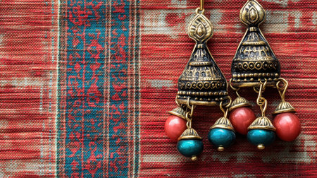 Discover the beauty of traditional Indian earrings set against a vibrant textured background, showcasing intricate craftsmanship and rich cultural heritage.の素材