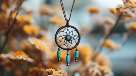 A beautifully crafted dreamcatcher pendant featuring turquoise beads, hanging delicately amidst an autumn background, showcasing warmth and creativity.の素材