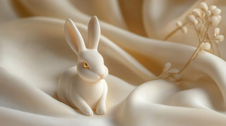 A stunning white bunny figurine rests gracefully on luxurious cream satin fabric. The intricate details and soft colors create a peaceful, serene atmosphere.の素材