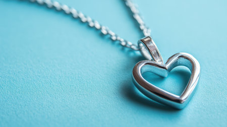 This image features a beautiful silver heart pendant necklace resting on a bright turquoise background, showcasing its elegant design and shine. Perfect for gifts.の素材