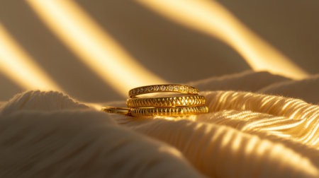 Close-up view of stacked gold rings positioned on soft fabric, illuminated by warm sunlight, showcasing intricate details and textures perfect for any jewelry collection.の素材