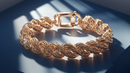 This exquisite gold rope chain bracelet features a stunning twisted design and stylish clasp, showcasing elegant craftsmanship on a sleek surface.の素材