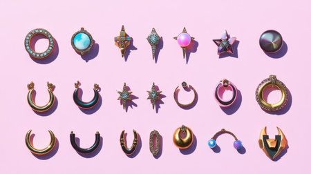 A stunning array of colorful jewelry pieces arranged neatly on a soft pink background, showcasing unique shapes and intricate designs that capture attention.の素材