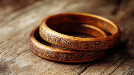 This captivating image features two handcrafted wooden bangles adorned with intricate carvings, resting elegantly on a rustic surface, showcasing natural beauty.の素材