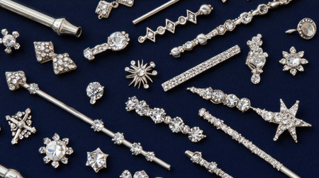 A stunning array of silver jewelry and decorative accessories featuring intricate designs and sparkling details. Perfect for showcasing luxury and elegance.の素材