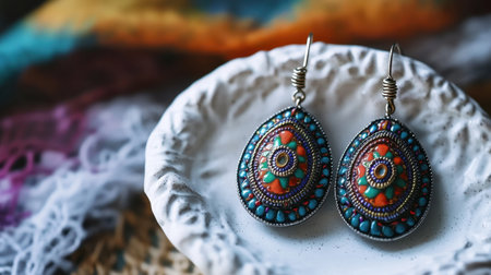 A stunning pair of colorful bohemian earrings elegantly displayed on a decorative plate. The artistic background enhances their intricate design and vibrancy.の素材