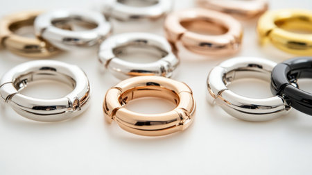 A stunning array of metallic rings featuring diverse finishes and colors, ideal for fashion accessories or jewelry design. Perfect for stylistic projects.の素材