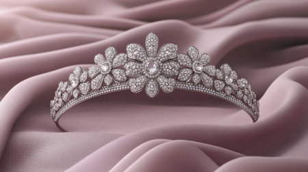 A stunning diamond tiara rests elegantly on soft pink satin fabric, showcasing intricate floral designs and sparkling gemstones, perfect for special occasions.の素材