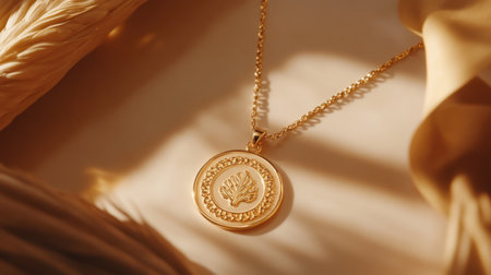 Capture the essence of elegance with this stunning gold pendant necklace featuring a delicate leaf design. This beautiful piece highlights craftsmanship and style.の素材