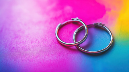 A pair of stylish silver hoop earrings displayed on a vibrant watercolor background, showcasing a blend of colors that highlights the jewelry's elegance. Perfect for fashion enthusiasts.の素材