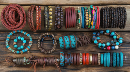 A stunning array of handcrafted bracelets and bangles in vibrant colors, displayed elegantly on a rustic wooden surface, perfect for jewelry inspiration.の素材