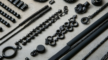 Stunning collection of black metal accessories arranged beautifully on a gray background, showcasing unique designs that inspire creativity and style.の素材