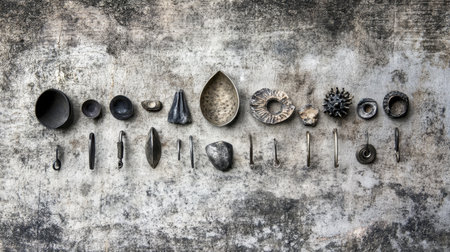 This image showcases a unique arrangement of various metal objects set against a textured background, perfect for art, design, and decorative projects.の素材