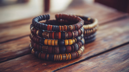 This image features a vibrant collection of handmade wooden bracelets carefully arranged on a rustic wooden surface, highlighting unique craftsmanship and natural beauty.の素材