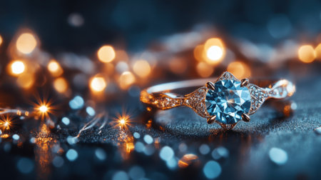 This stunning close-up features an elegant blue gemstone ring set against a beautiful bokeh background, highlighting the luxury of jewelry design.の素材