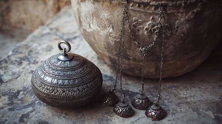 This image showcases an antique silver decorative object adorned with intricate patterns next to a rustic clay pot, set against a textured stone surface, highlighting timeless beauty and craftsmanship.の素材