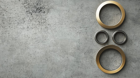 This image features a modern arrangement of metal rings on a textured gray background, ideal for creative projects and design inspiration.の素材