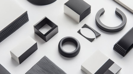 This image showcases a variety of geometric shapes in black and white, arranged aesthetically on a clean background. Perfect for design inspiration.の素材