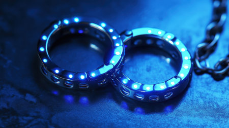This captivating image features two metallic rings illuminated by soft blue LED lights, showcasing a futuristic design. The dark background enhances the vibrant glow, making it ideal for modern fashion and accessory themes.の素材