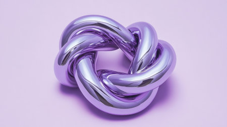 A shiny purple knot object sits on a soft pink background, showcasing smooth curves and glossy surfaces for artistic and abstract design concepts.の素材