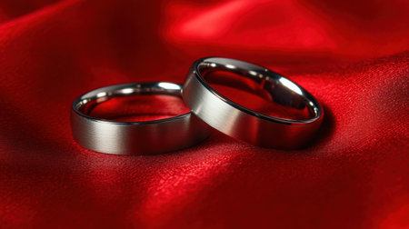 Two elegant silver wedding rings resting on luxurious red satin fabric create a romantic atmosphere perfect for love and commitment.の素材