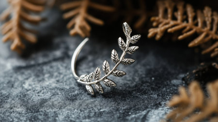 A stunning silver leaf ring showcased against a dark stone surface, accentuated by natural elements. Perfect for jewelry lovers and nature enthusiasts.の素材
