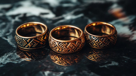 Three elegant golden rings showcase intricate designs resting on a luxurious dark marble surface, highlighting their beauty and craftsmanship perfectly.の素材