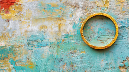 A vibrant and textured wall featuring a circular frame creates an artistic backdrop. The rich blue and yellow tones invite creativity and inspiration for modern design projects.の素材