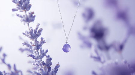 A stunning lavender necklace featuring a beautiful pendant, set against a backdrop of soft, out-of-focus lavender flowers, evoking tranquility.の素材