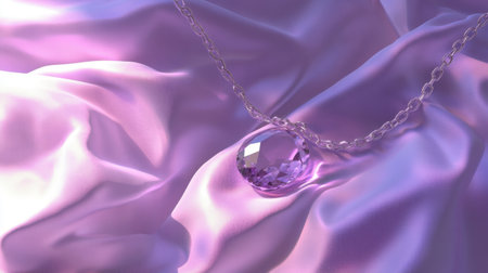 This captivating image showcases an elegant amethyst necklace resting on soft satin fabric, illuminated by gentle lighting that enhances its beauty and allure.の素材