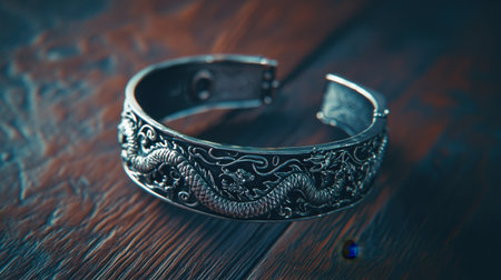 This captivating silver bracelet features an intricate dragon design, showcasing exceptional craftsmanship on a rustic wooden background, highlighting its details.の素材
