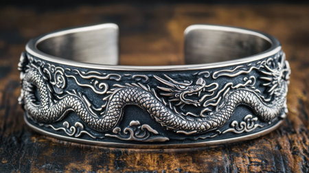 This striking silver dragon bangle showcases intricate engravings and a captivating antique finish, perfect for those who appreciate unique, artistic jewelry.の素材