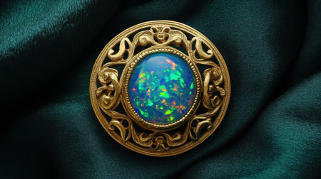 This stunning antique brooch features a vibrant opal gemstone set in ornate gold, elegantly displayed on rich emerald silk fabric for a luxurious touch.の素材