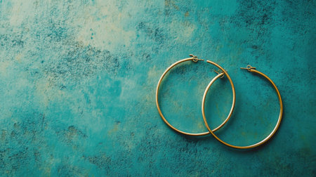 Discover a stunning pair of elegant gold hoop earrings elegantly displayed on a textured turquoise background, perfect for fashion enthusiasts and jewelry lovers.の素材