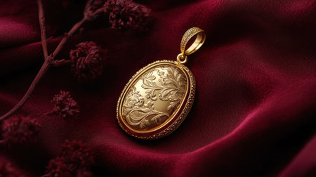 This captivating image showcases an elegant gold locket featuring an intricate floral design, resting on a luxurious burgundy silk background, perfect for jewelry enthusiasts.の素材