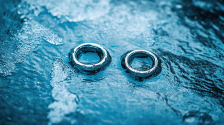 Captivating image of beautifully crafted wedding rings partially submerged in a serene blue water surface, creating an enchanting and romantic atmosphere.の素材