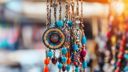 This image showcases vibrant handcrafted jewelry featuring colorful beads and intricate pendants, perfect for fashion accessories and unique gifts.の素材