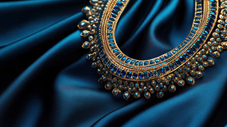This image showcases an exquisite blue jewelry necklace elegantly placed on a rich satin fabric background, exuding a sense of luxury and sophistication.の素材