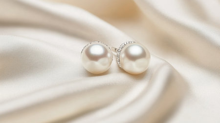 Exquisite pearl earrings featuring a stunning round design with silver detailing, elegantly placed on luxurious satin fabric, ideal for fashion collections.の素材