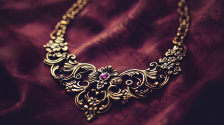 This stunning antique necklace features an intricate floral design accented with a purple gemstone, elegantly displayed on rich velvet fabric.の素材