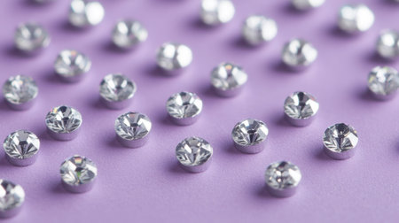 A close-up view of sparkling rhinestones scattered on a soft purple surface, perfect for various crafting and decoration projects.の素材