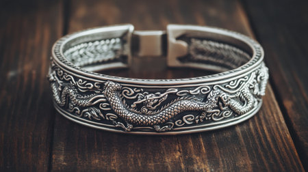 This exquisite antique silver bracelet features a detailed dragon design with ornate patterns. Perfect for jewelry lovers and collectors, it showcases stunning craftsmanship.の素材