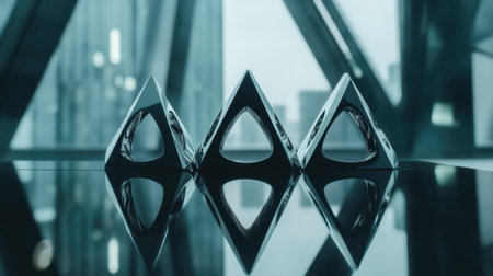 This image showcases three modern abstract sculptures made of polished material, reflecting light in a sleek contemporary office space, emphasizing artistic elegance.の素材