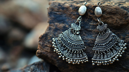 Stunning silver earrings feature an intricate design that captures elegance and cultural artistry, set against a natural stone backdrop for a striking display.の素材